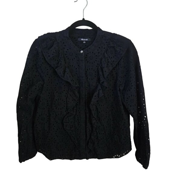 Madewell Ruffled Front Eyelet Lace Black Button Front Blouse Size S - Picture 2 of 9
